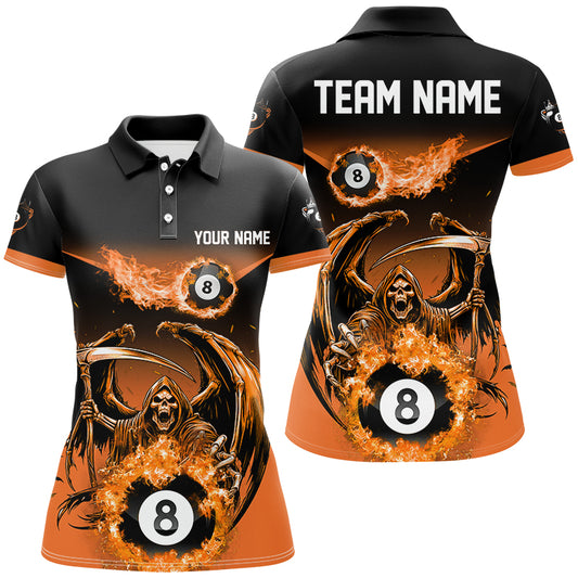 Orange Grim Reaper Flame 8 Ball Pool Billiard Shirts For Women Custom Billiard League Team Jerseys TDM2648