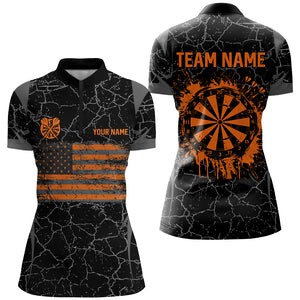 Personalized Orange Retro US Flag Patriotic Women Dart Shirts, Crack Pattern Grunge Dart Jerseys TDM2649