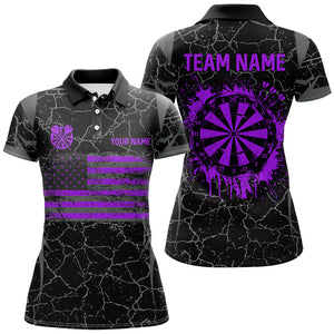 Personalized Purple Retro US Flag Patriotic Women Dart Shirts, Crack Pattern Grunge Dart Jerseys TDM2650