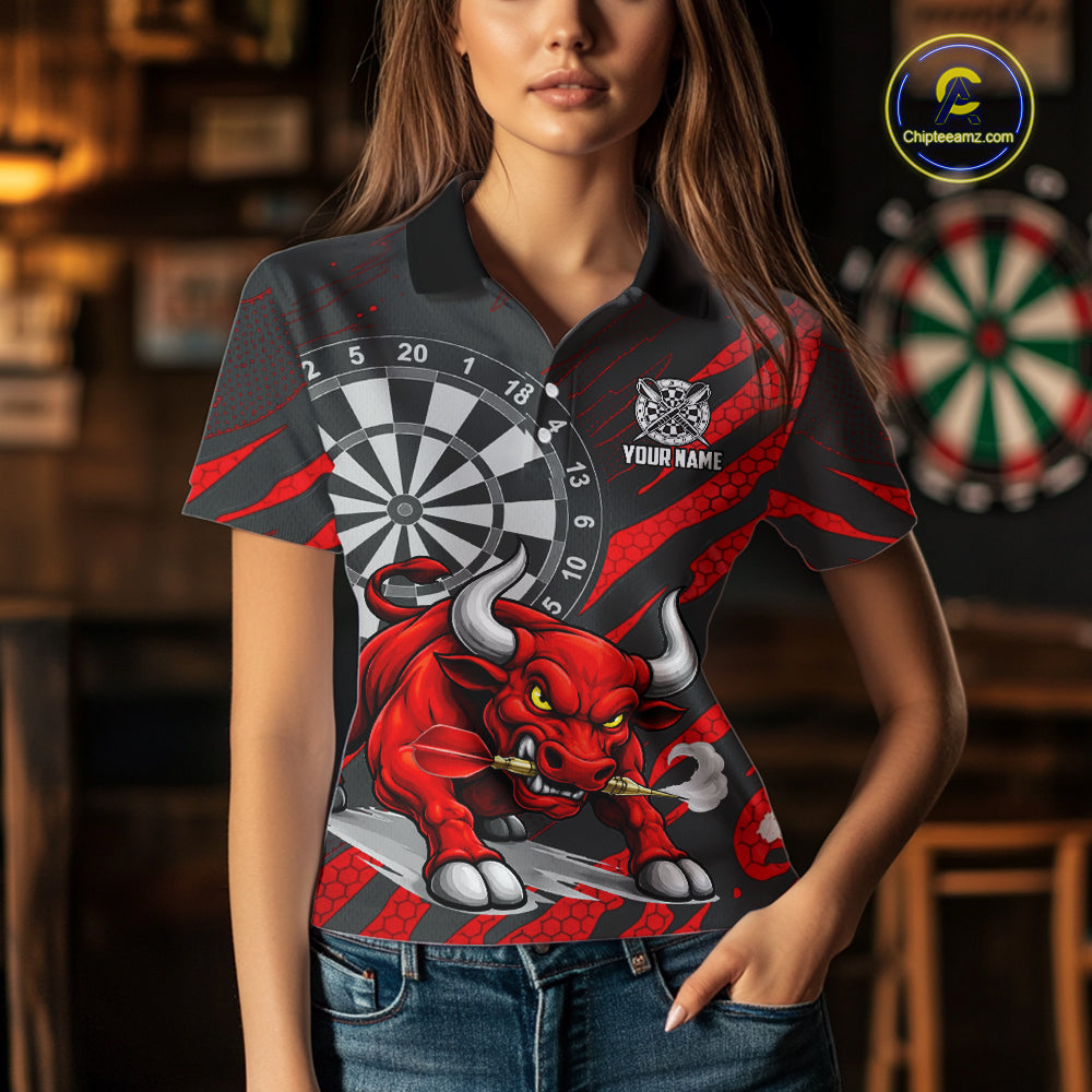 Black And Red Funny Bull Darts Shirt For Women Custom Darts Team Jersey Polo & Quarter Zip Shirt TDM6237