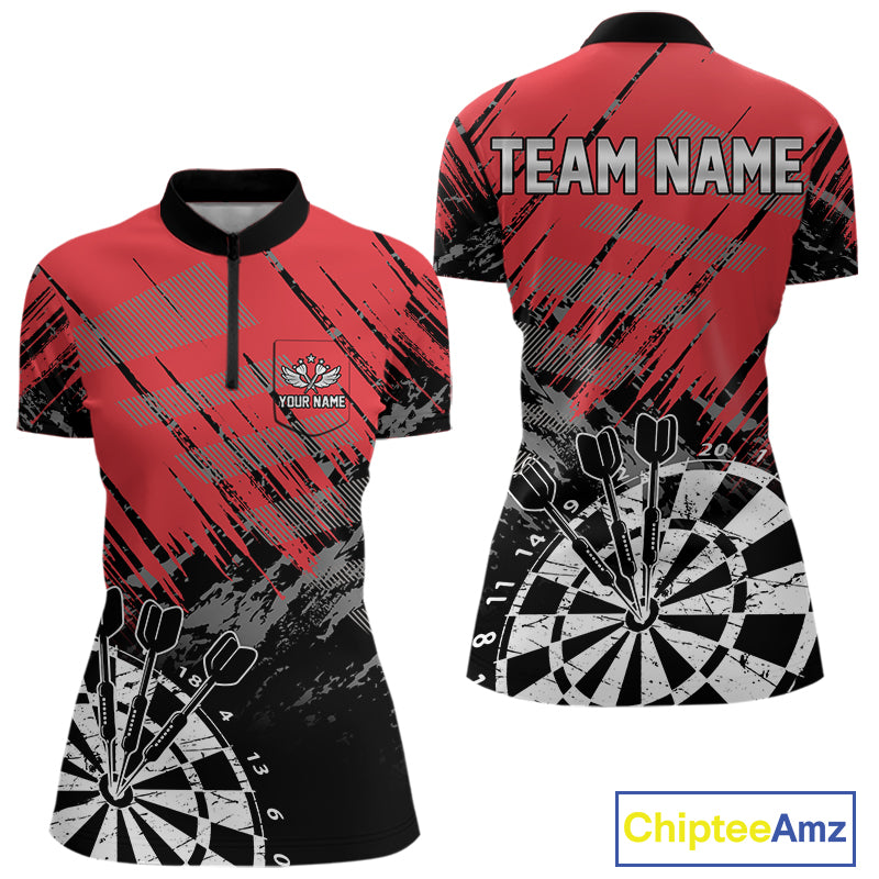 Red Black Grunge Darts Shirts For Women Custom Dart Jersey With Pocket Option TDM4107