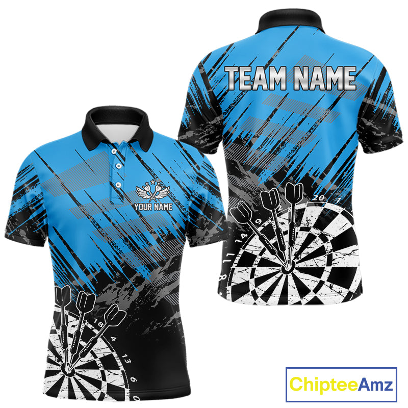 Blue Black Grunge Darts Shirts For Men Custom Dart Jersey With Pocket Option TDM4108