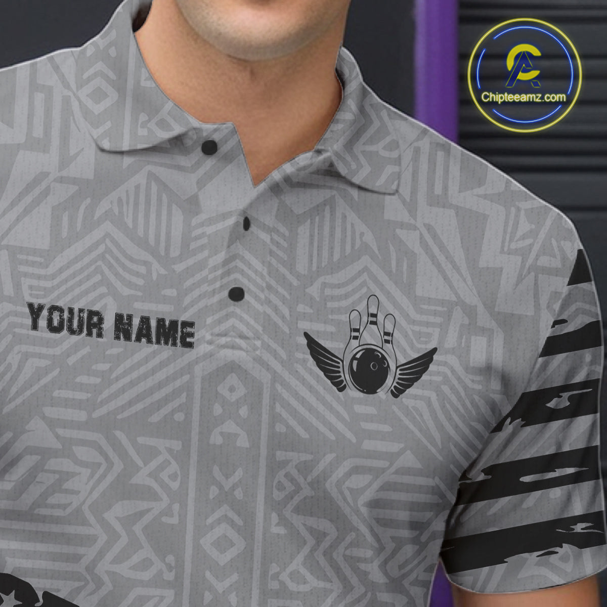 Close-up of a grey American flag bowling polo collar and chest artwork with custom bowling graphics.