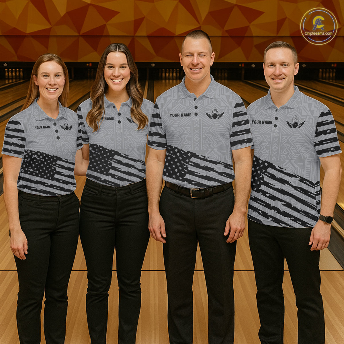 Bowling team wearing matching grey American flag bowling jerseys during team matches front view.