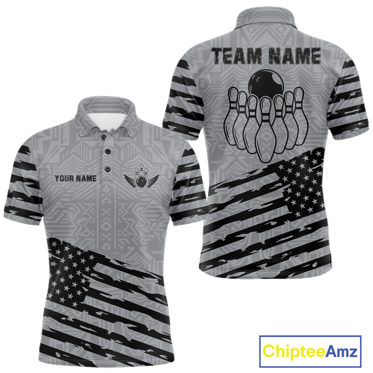 Grey American flag bowling polo shirt for men with custom team graphics for league and tournament play.