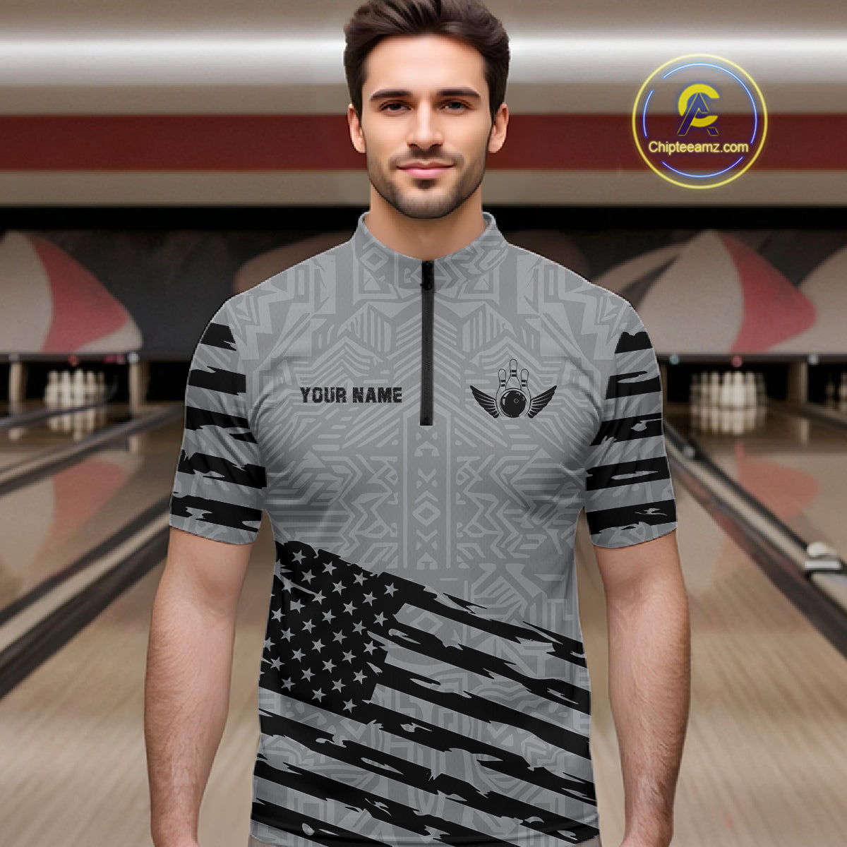 Man wearing a grey American flag bowling quarter zip jersey during tournament play front view.