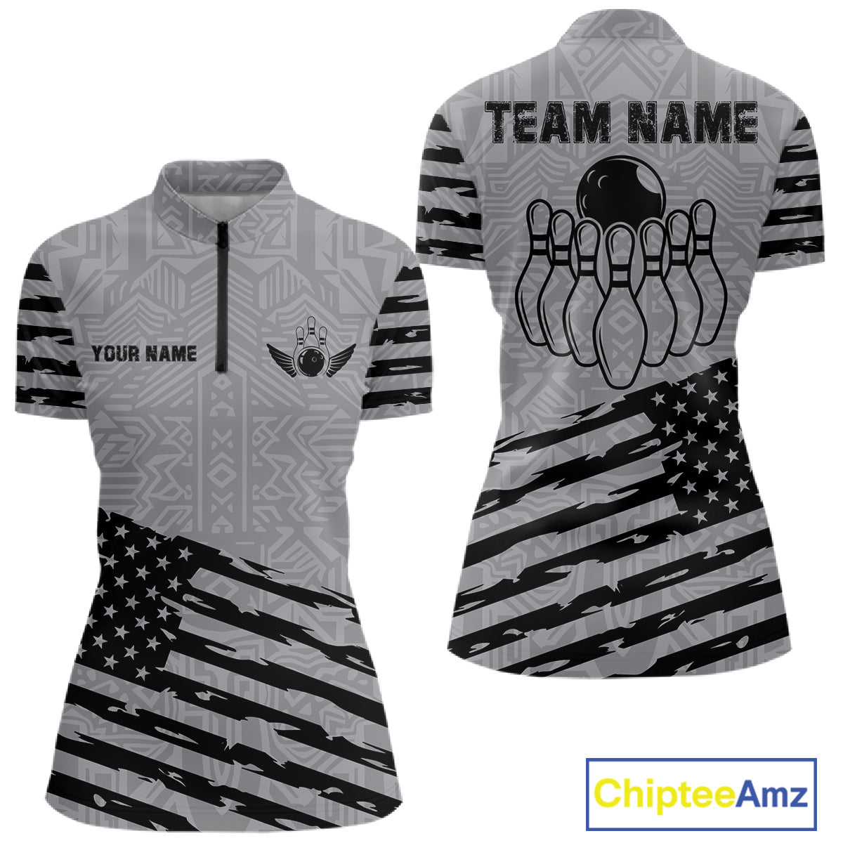 Grey American flag bowling quarter zip shirt for women with personalized bowling team style.