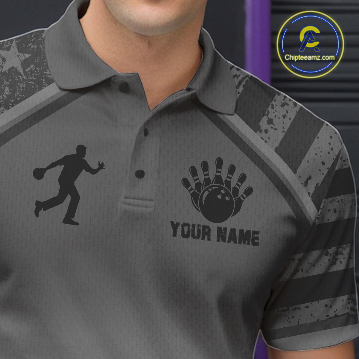 Close-up of a grey American flag bowling polo shirt collar and chest design with custom team graphics.