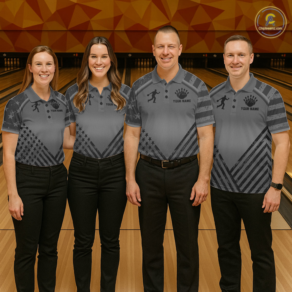 Bowling team wearing matching grey American flag jerseys during league competition front view.