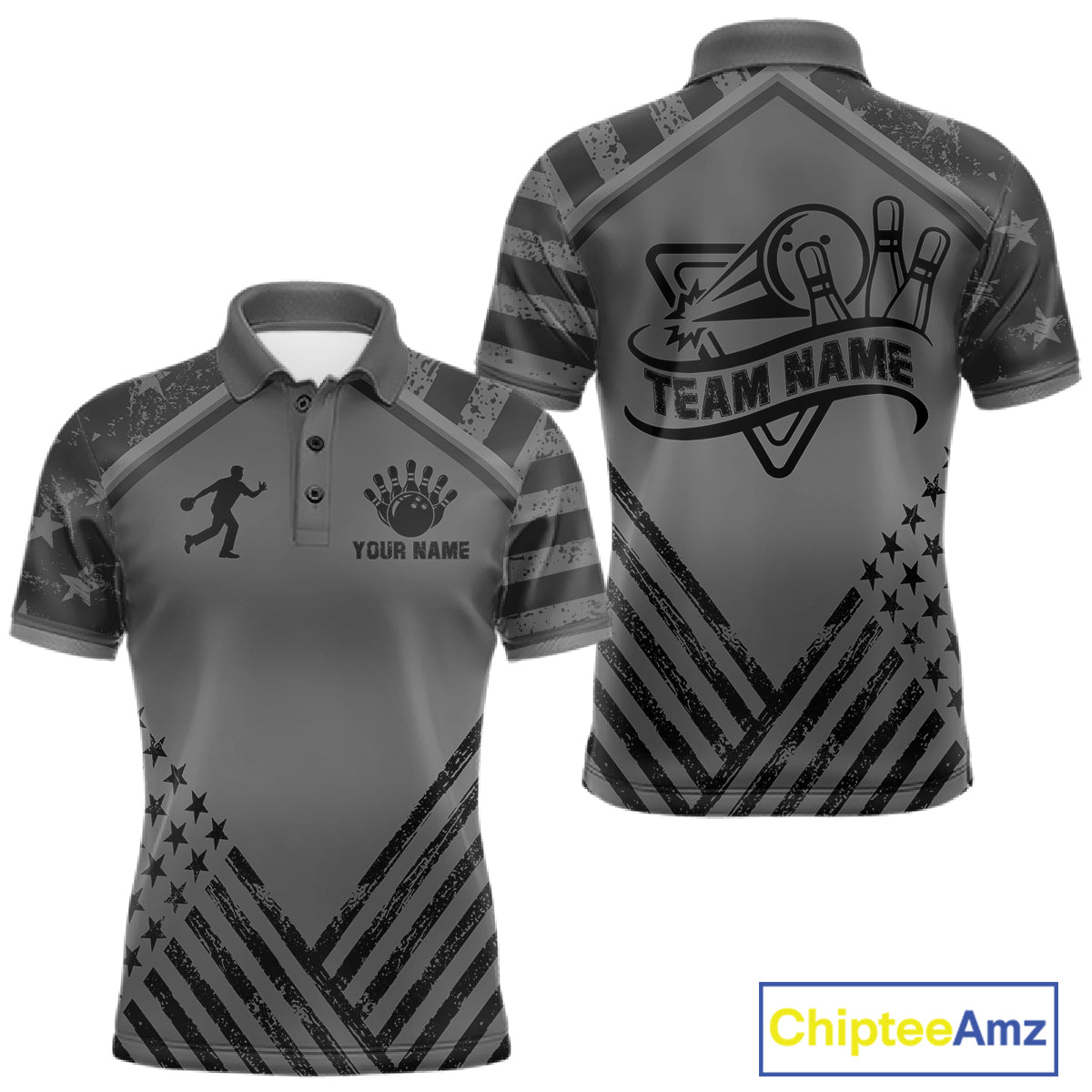 Grey American flag bowling polo shirt for men with personalized team graphics and league-ready style.