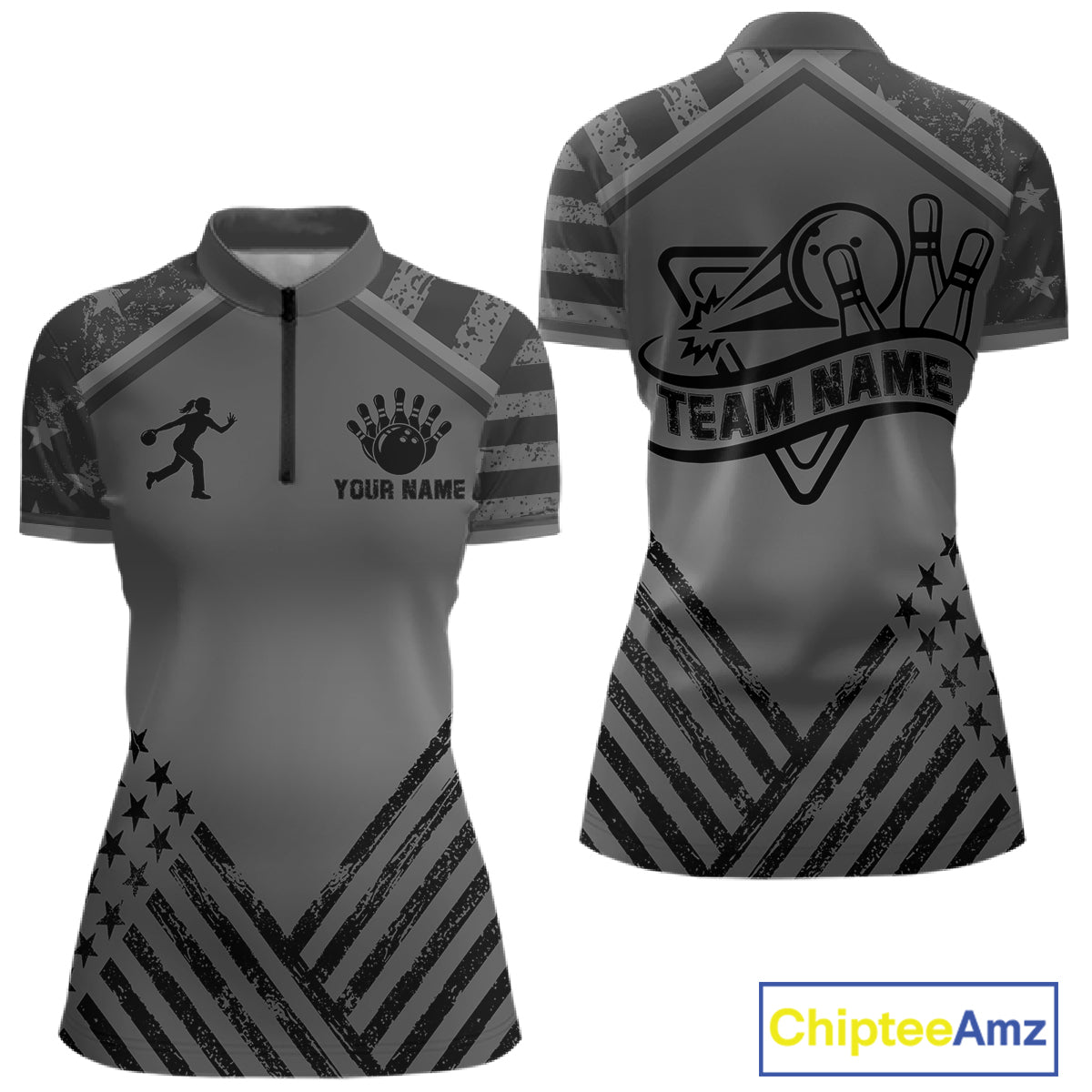 Grey American flag bowling quarter zip shirt for women designed for tournaments and bowling team matches.