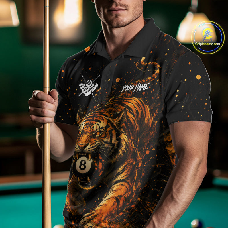 Man wearing personalized grunge tiger 8 ball pool billiard polo shirt front view.