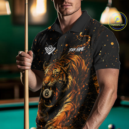 Man wearing personalized grunge tiger 8 ball pool billiard polo shirt front view.