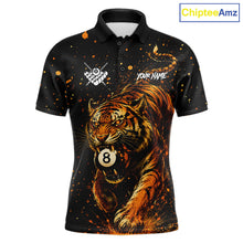 Load image into Gallery viewer, Personalized grunge tiger 8 ball pool billiard team jersey polo shirt for men, custom pool league apparel and billiard tournament jersey.