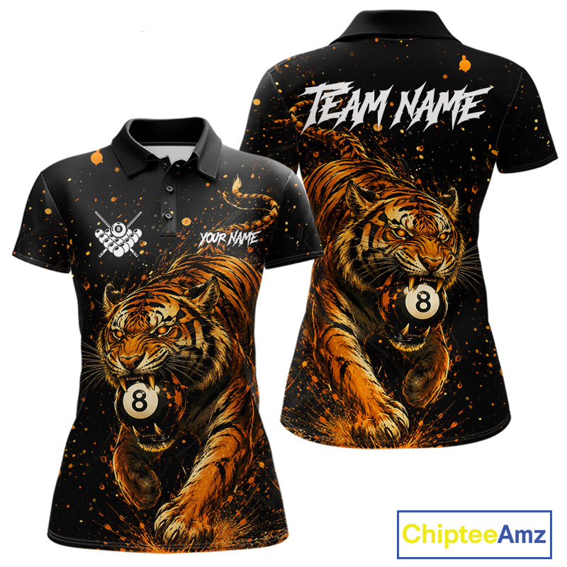 Personalized grunge tiger 8 ball pool billiard team jersey polo shirt for women, custom pool league apparel and billiard tournament jersey.