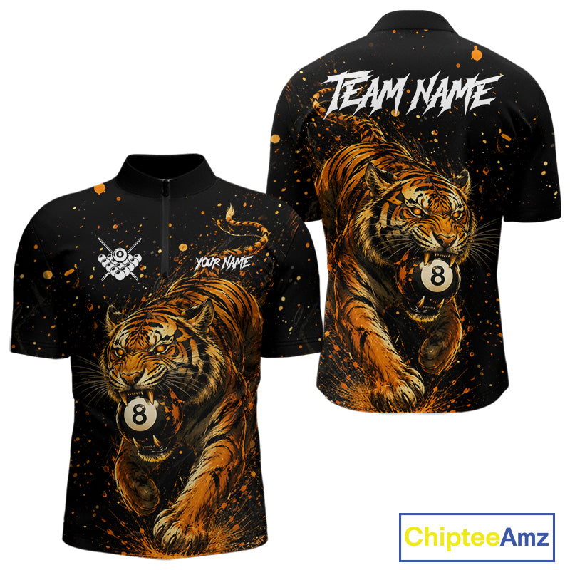 Personalized grunge lion 8 ball billiard quarter zip shirt for men, custom pool team jersey and league apparel.