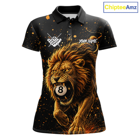 Personalized grunge lion 8 ball billiard pool team jersey polo shirt for women, custom 8 ball pool league apparel and billiard tournament jersey.