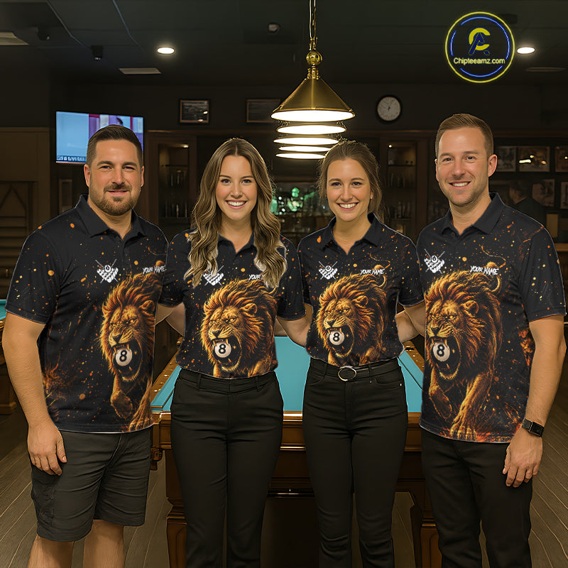 Billiard team wearing matching grunge lion 8 ball jerseys front view.