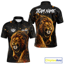 Load image into Gallery viewer, Personalized grunge lion 8 ball billiard pool team jersey polo shirt for men, custom 8 ball pool league apparel and billiard tournament jersey.