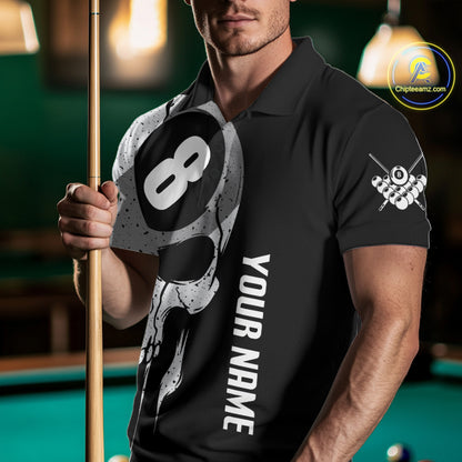 Man wearing personalized American flag 8 ball skull billiard polo shirt front view.