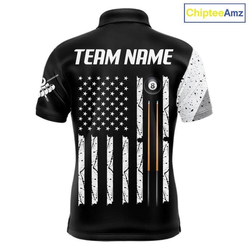 Personalized American flag 8 ball skull billiard pool team jersey polo shirt for men, custom 8 ball pool league apparel and billiard tournament jersey.