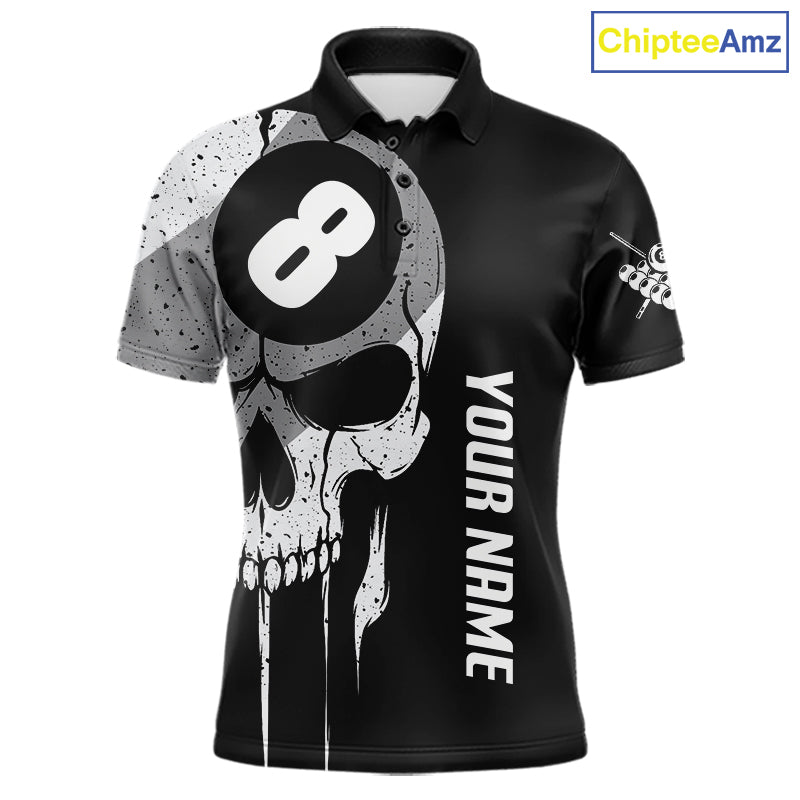 Personalized American flag 8 ball skull billiard pool team jersey polo shirt for men, custom 8 ball pool league apparel and billiard tournament jersey.