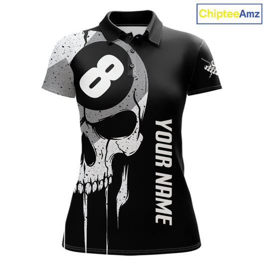 Personalized American flag 8 ball skull billiard pool team jersey polo shirt for women, custom 8 ball pool league apparel and billiard tournament jersey.