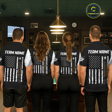 Load image into Gallery viewer, Billiard team wearing matching American flag 8 ball skull jerseys front view.