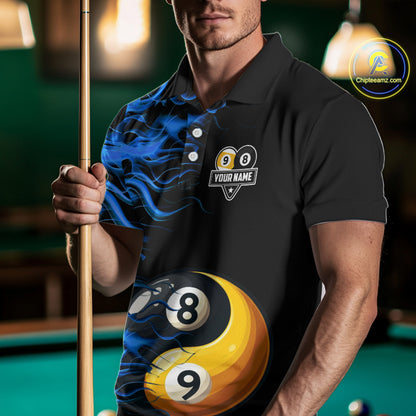 Blue Flaming Funny Yin-Yang 8 Ball & 9 Ball Billiard Shirt For Men Custom Pool Team Jerseys TDM4711
