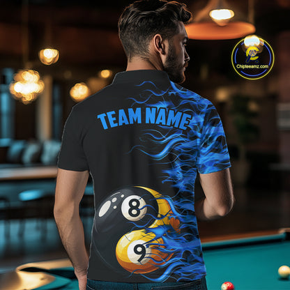 Blue Flaming Funny Yin-Yang 8 Ball & 9 Ball Billiard Shirt For Men Custom Pool Team Jerseys TDM4711