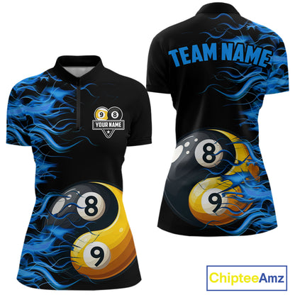 Blue Flaming Funny Yin-Yang 8 Ball & 9 Ball Billiard Shirt For Women Custom Pool Team Jerseys TDM4711