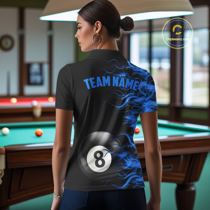 Personalized Blue Flaming 8 Ball Billiard Shirt For Women Custom Pool Team Jersey Polo & 1/4 Zip TDM4712