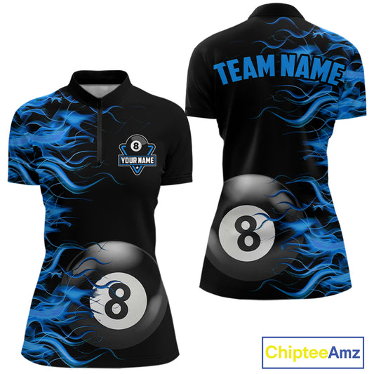 Personalized Blue Flaming 8 Ball Billiard Shirt For Women Custom Pool Team Jersey Polo & 1/4 Zip TDM4712