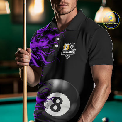 Purple Flaming 8 Ball & 9 Ball Billiard Shirt For Men Custom Pool Team Jersey Polo & 1/4 Zip TDM4713