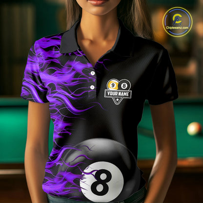 Purple Flaming 8 Ball & 9 Ball Billiard Shirt For Women Custom Pool Team Jersey Polo & 1/4 Zip TDM4713