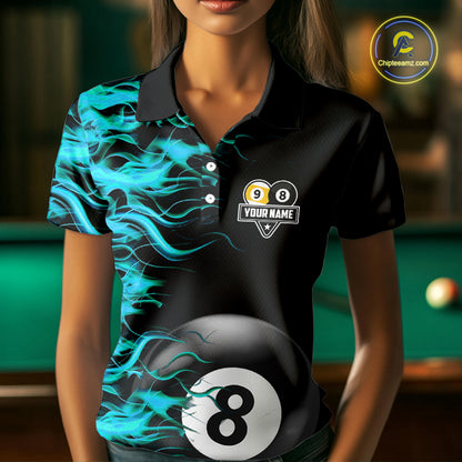 Turquoise Flaming 8 Ball & 9 Ball Billiard Shirt For Women Custom Pool Team Jersey Polo & 1/4 Zip TDM4714