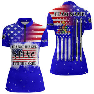 It's Not The Cue It's The Skill Custom US Flag Women Billiard Shirts Patriotic Billiard Jersey |Blue TDM3122