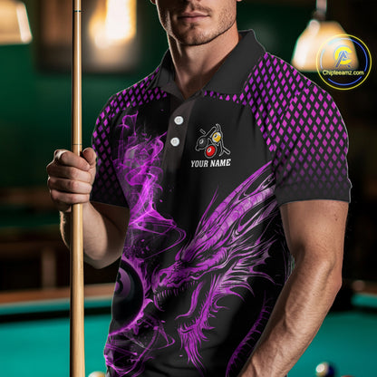 Purple 8 Ball & 9 Ball Flame Smoke Custom Dragon Billiard Shirts For Men, Billiard Team Jersey TDM5632