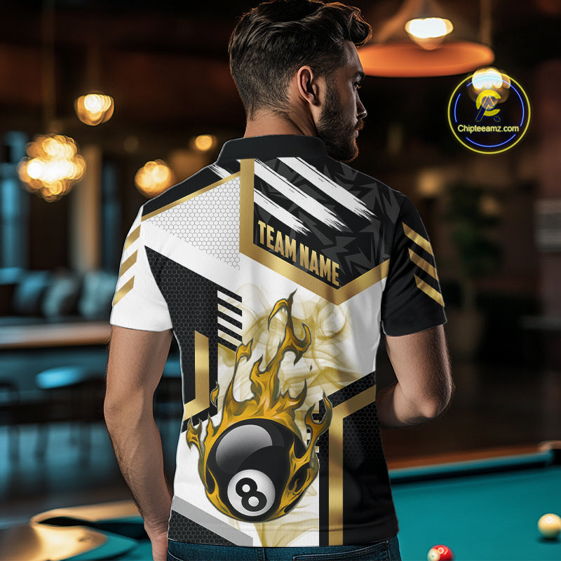 Gold 8 Ball Pool Fire Flame Smoke Custom Billiard Shirts For Men, Billiard Jerseys Team Uniform TDM5848