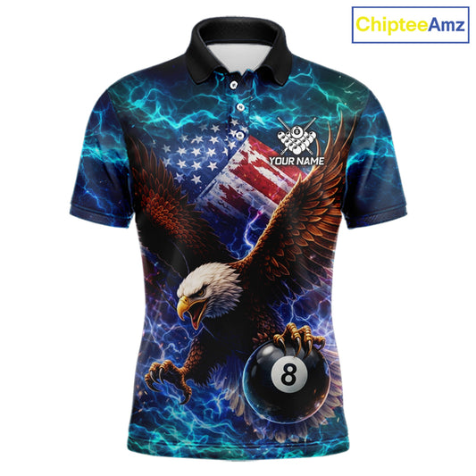 Personalized 8 Ball US Flag Eagle Lightning Billiard Shirt For Men, Patriotic Billiard Team Jersey TDM5850