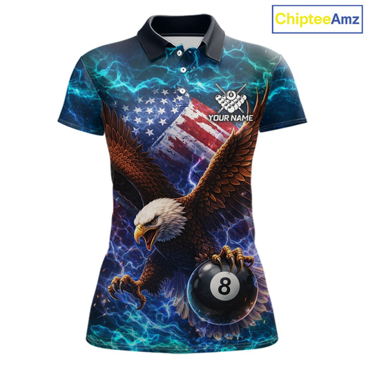 Personalized 8 Ball US Flag Eagle Lightning Billiard Shirt For Women, Patriotic Billiard Team Jersey TDM5850