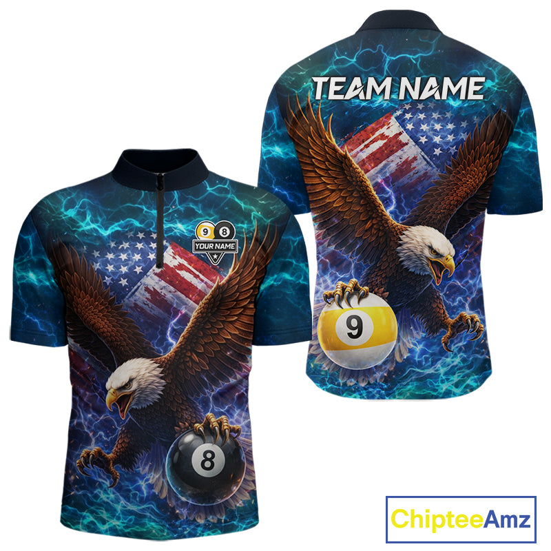 American Flag 8 & 9 Ball Eagle Lightning Billiard Shirt For Men Custom Patriotic Pool Team Jersey TDM5851