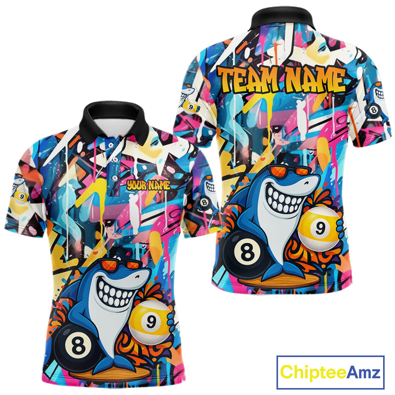Funny Shark Colorful Graffiti Style Custom 8 & 9 Ball Billiard Shirt For Men, Billiard Team Jersey TDM5852