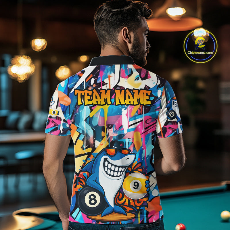Funny Shark Colorful Graffiti Style Custom 8 & 9 Ball Billiard Shirt For Men, Billiard Team Jersey TDM5852