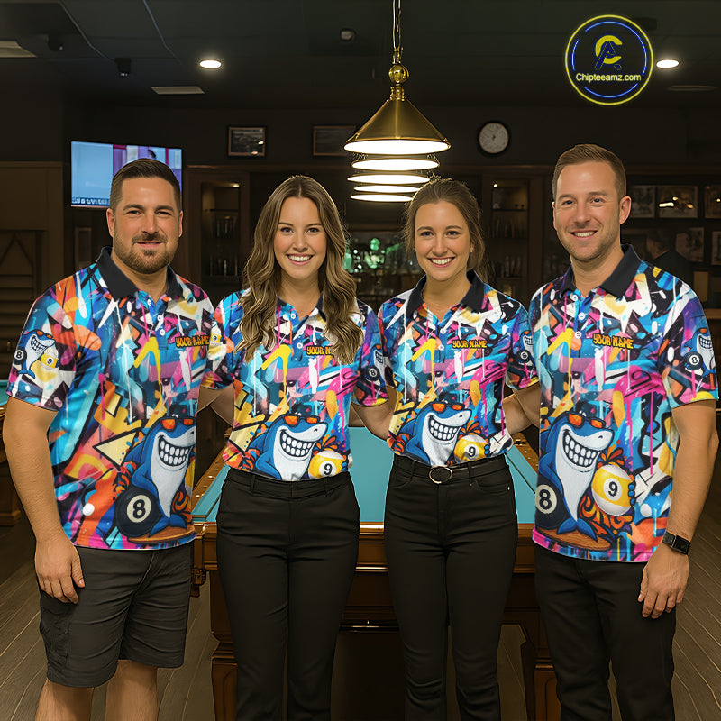 Funny Shark Colorful Graffiti Style Custom 8 & 9 Ball Billiard Shirt For Men, Billiard Team Jersey TDM5852