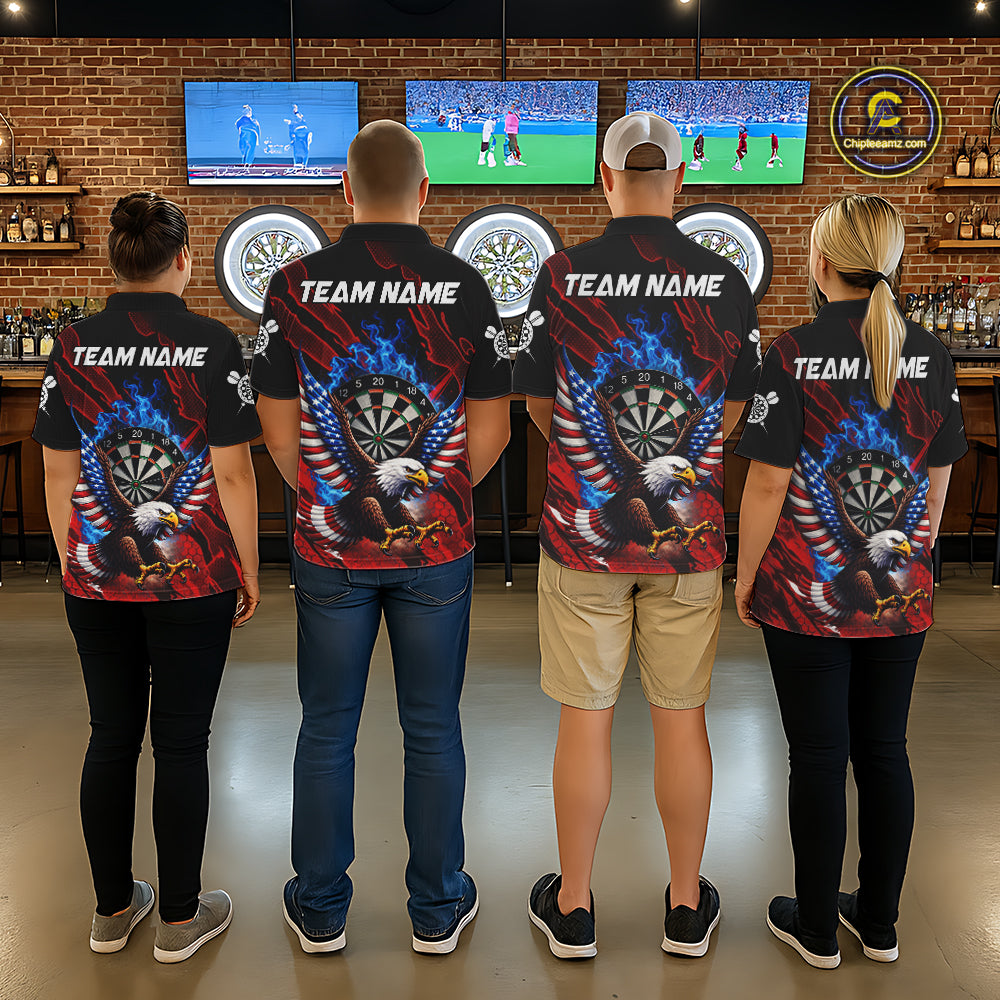 Blue Flaming Dartboard Shirt For Men Custom American Flag Eagle Darts Team Jersey Polo &1/4 Zip TDM6003
