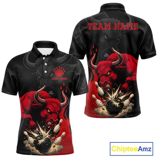 Black And Red Funny Bull Bowling Shirt For Men Custom Bowling Team Jersey Polo & Quarter Zip TDM6242