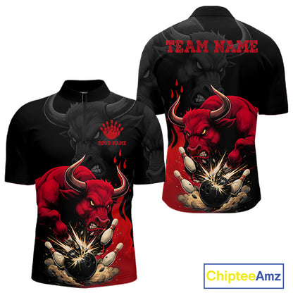 Black And Red Funny Bull Bowling Shirt For Men Custom Bowling Team Jersey Polo & Quarter Zip TDM6242