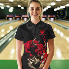 Load image into Gallery viewer, Black And Red Funny Bull Bowling Shirt For Women Custom Bowling Team Jersey Polo &amp; Quarter Zip TDM6242