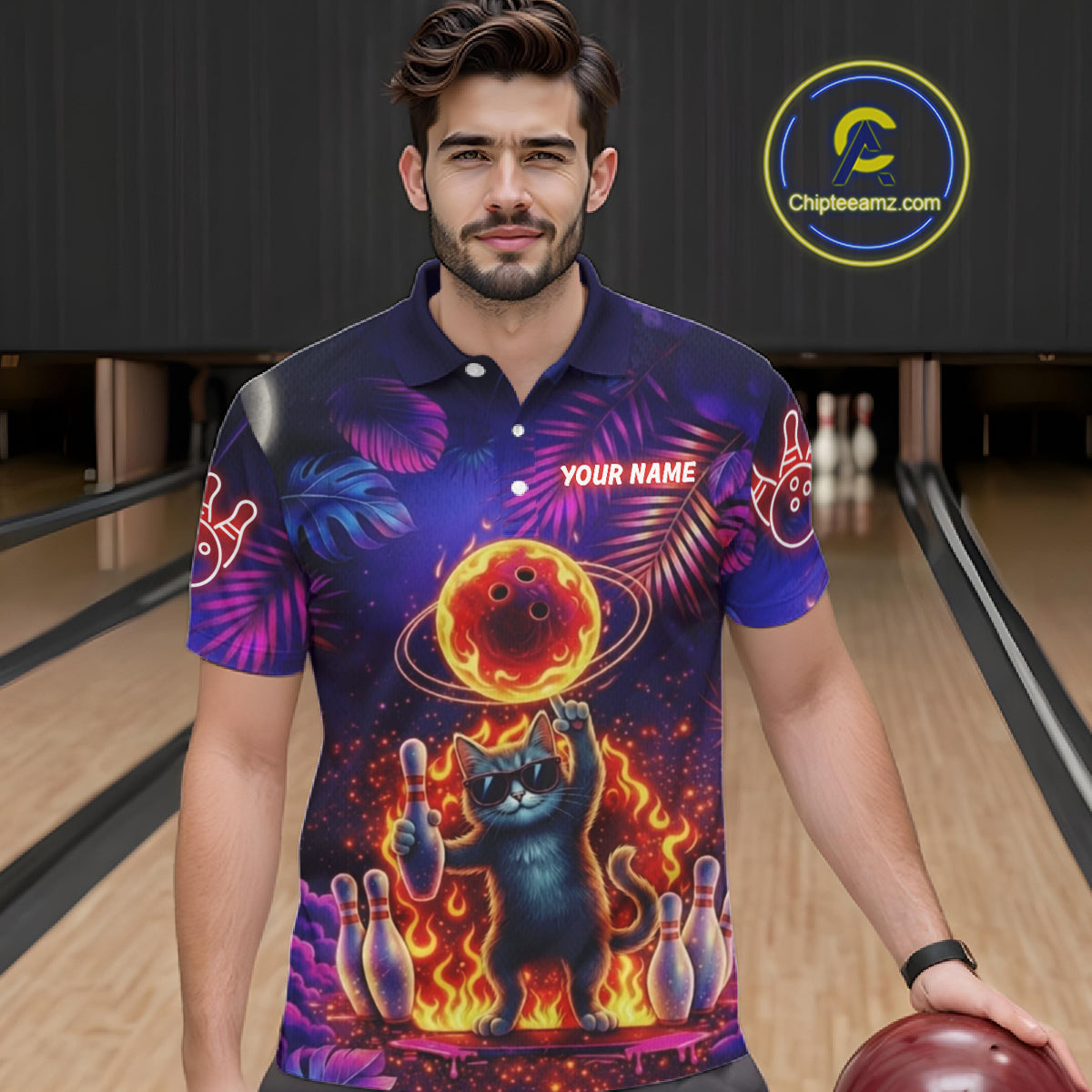 Custom Funny Cat Flame Bowling Shirt For Men, Personalized Tropical Bowling Jersey Polo & 1/4 Zip TDM6454